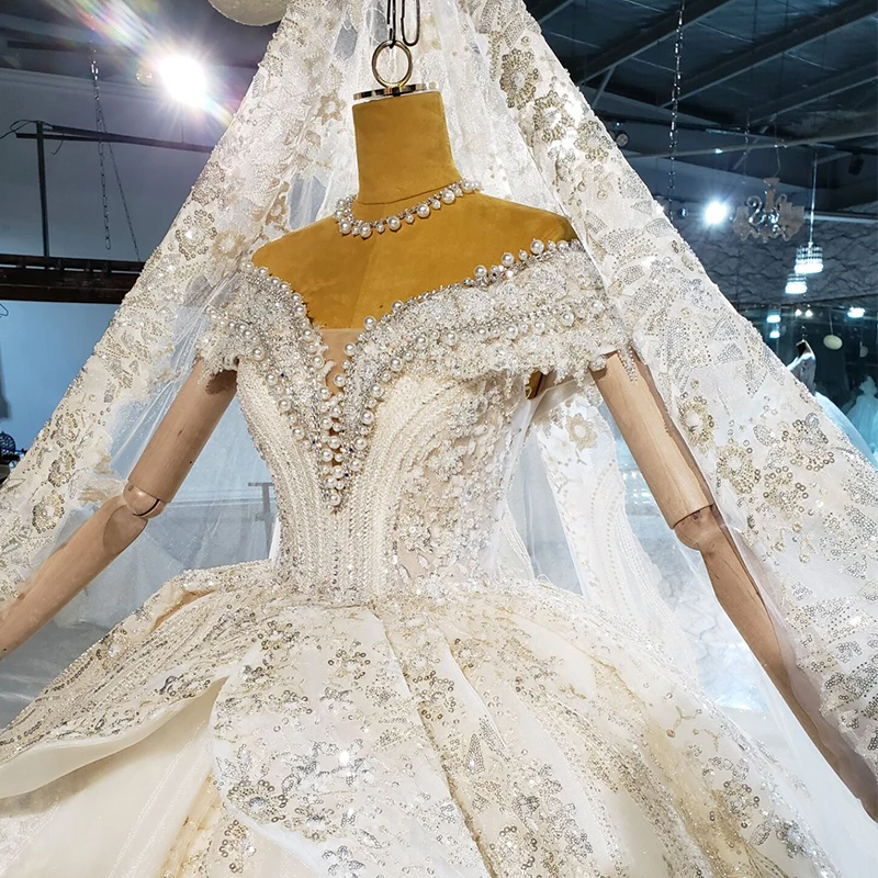 HTL2191 Ivory White Bridal Wedding Dress Applique Print 2021 New V-neck Large Pearl Decoration Frill Gown Robe De Mariée 4