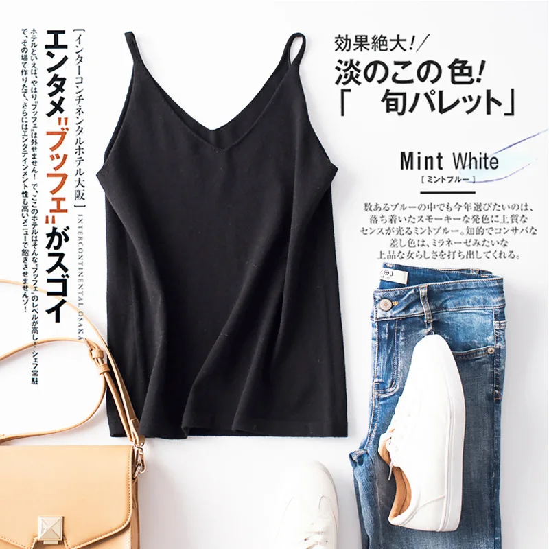 Sexy Women Camis Slim Bottoming Shirt V-neck Short Knit Tanks Solid Crop Tops Basic Female Casual Camis Autumn Winter Inner Wear nylon camisole Tanks & Camis