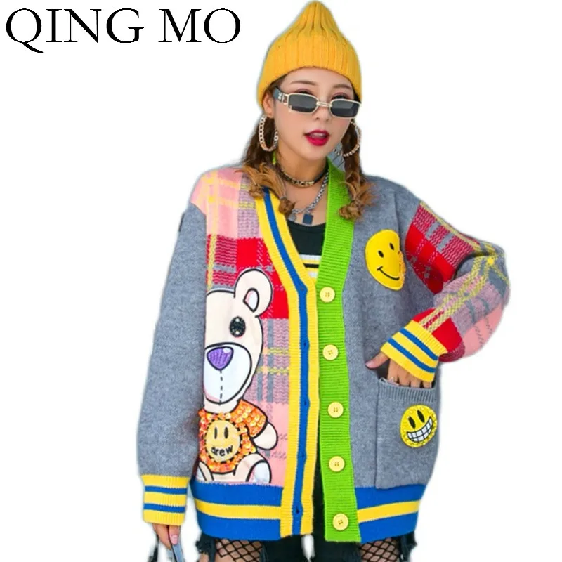 QING MO Grey White Women V Neck Cardigan Sweater
