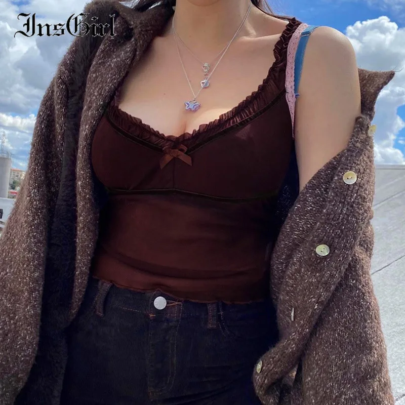 Пикантная уличная Женская майка InsGirl Y2k сетчатая Лоскутная укороченная Майка без