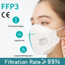 10-100PCS FFP3 Fish Mask Face Respirator No Valve Individually Wrapped with Plastic Strip 99% Multi-layer Filtering Adjust Hook
