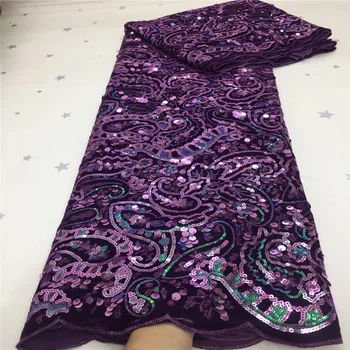 

New Design Velvet African Velvet Lace Flower Pattern Tulle Big Sequins Fabric Flower Tulle High Quality with Glitter Sequins