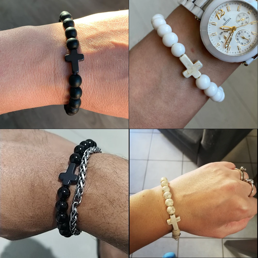 Natural Stone Bracelet Jesus Cross Blue Pine Black Lava Beaded for Women