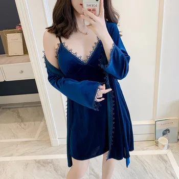 

Velvet Kimono Bath Gown Female 2PCS Robe Set Sexy Casual Lounge Sleepwear Bathrobe&Nighty Women Mini Nightgown Intimate Lingerie