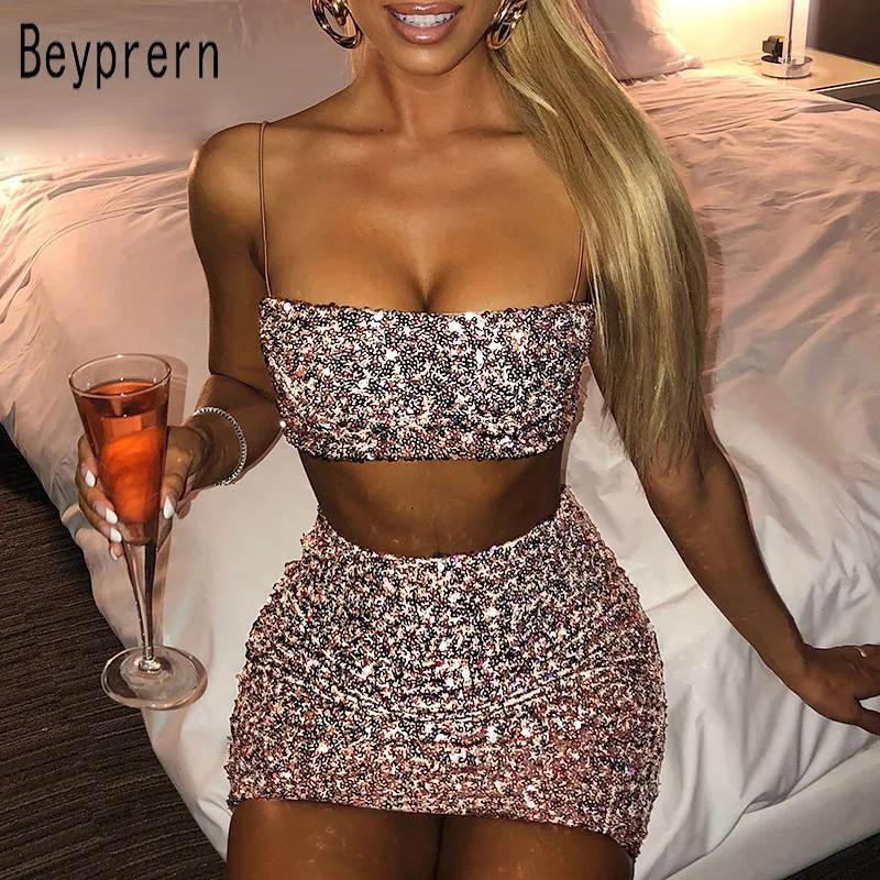 

Beyprern Glitter Sequins Bustier Crop Top And Skirt Set 2 Piece Chic Womens Sleeveless Sequins Bandeau Party Birthday Outfits