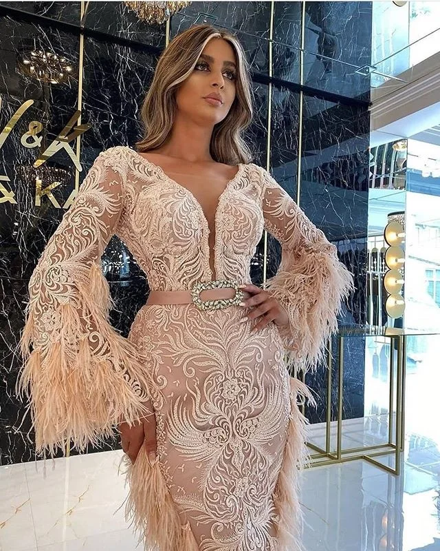 Champagne Feather Lace Cocktail Dresses Long Pagoda Sleeve V Neck Ankle Length Short Prom Gown Party Dresses