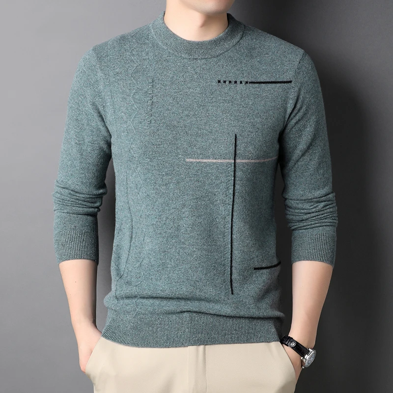 thumbnail image 1 of 2021, recién llegados, suéter de lana elástica de color sólido ajustado e informal a la moda para hombre, jersey de punto de cuello alto de marca para hombre, camisa de fondo, 1 of 4