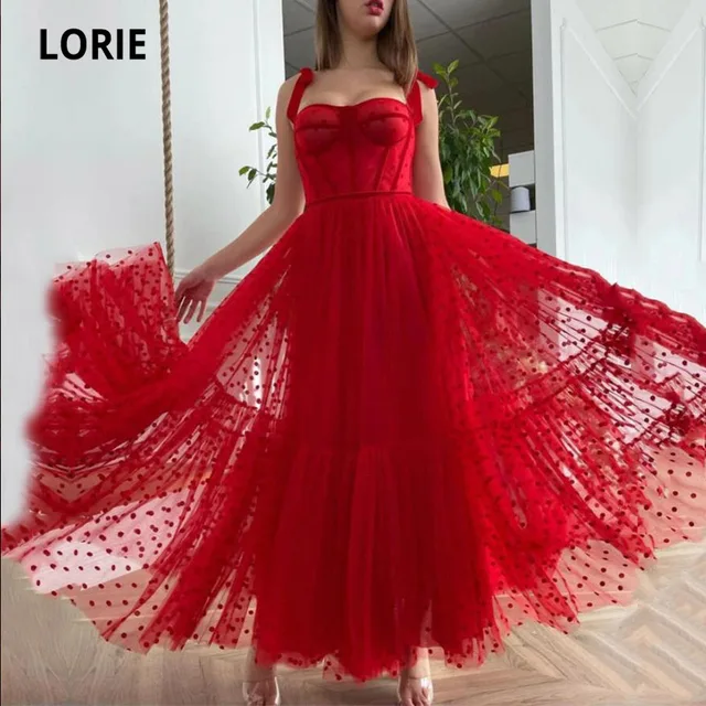 LORIE Red Prom Dresses 2021 A-Line Dot Tulle Tea Length Party Gown Christmas Robes de cocktail Dress for Teens Free Shipping Red