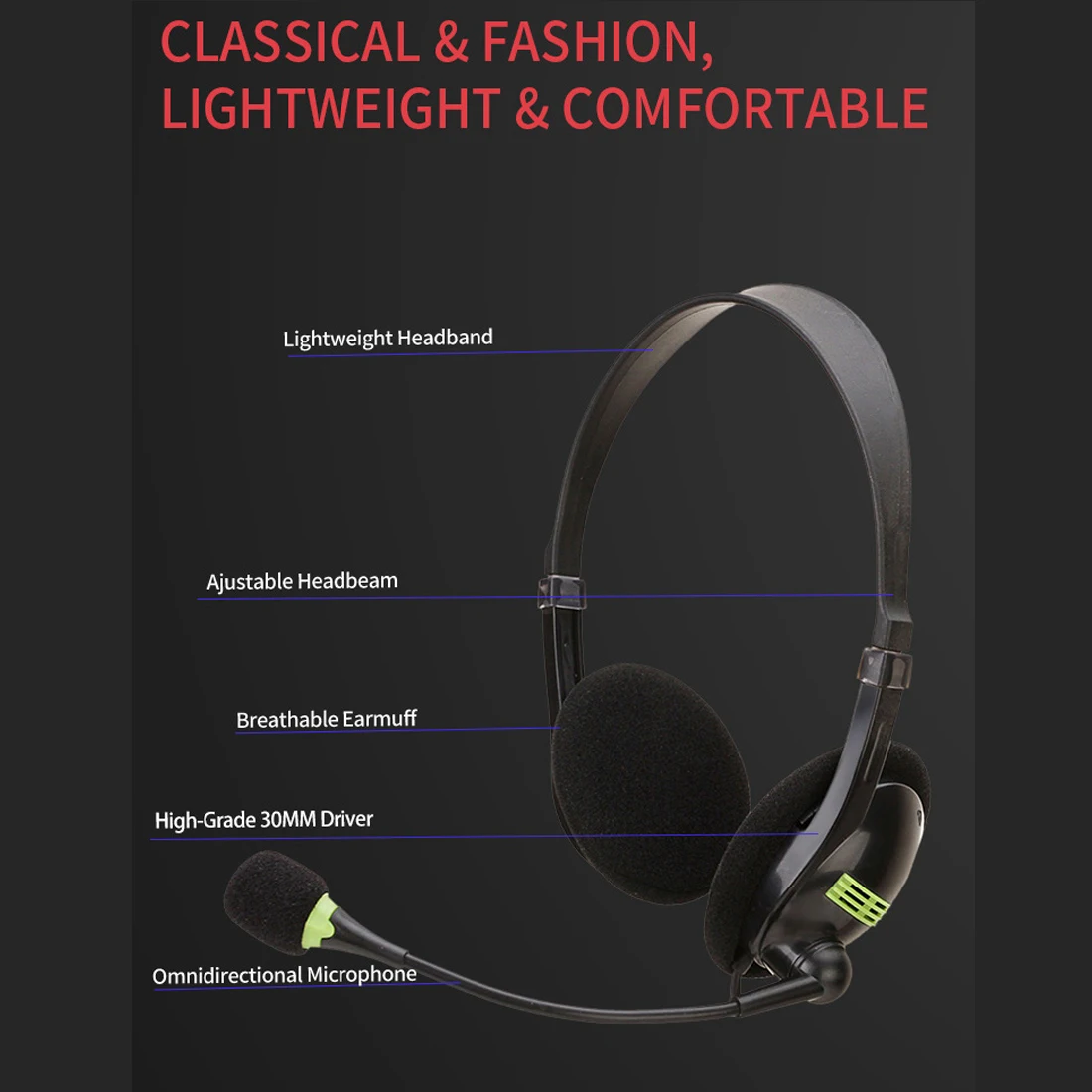 Corded USB Computer Headsets Over Ear Earphone with Noise Cancelling Mic in line Controls for Skype Call Center Lightweight