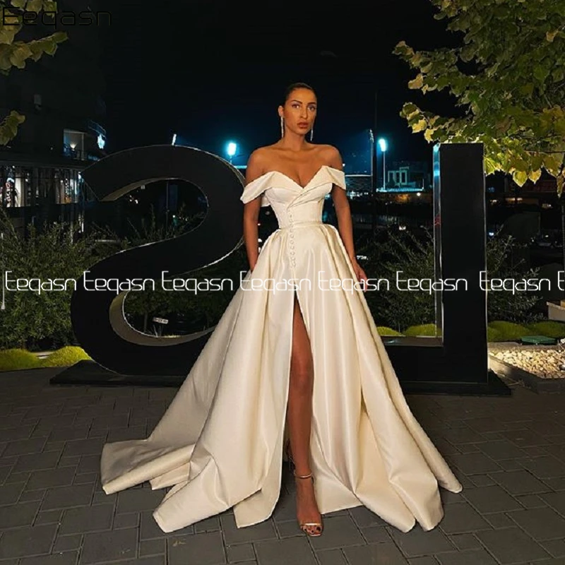 Eeqasn A-line Prom Dress 2025 Satin Off the shoulder V Neck High Slit Long Evening Gown Formal Vestidos De Gala Customized women prom dresses