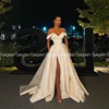 Eeqasn A-line Prom Dress 2022 Spring Satin Off the shoulder V Neck High Slit Long Evening Gown Formal Elegant Vestidos De Gala ► Photo 2/6