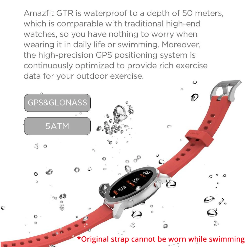 Huami, AMAZFIT GTR, 42 мм, Смарт-часы, 5 АТМ, водонепроницаемые часы, 1,2 дюймов, AMOLED, gps+ ГЛОНАСС, мужские Смарт-часы, 12 дней, срок службы батареи