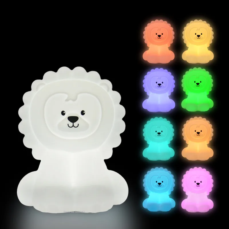 Lion LED Night Light Touch Sensor RGB Battery Powered Cartoon Silicone Animal Bedroom Bedside Lamp for Children Kids Baby Gift | Лампы и