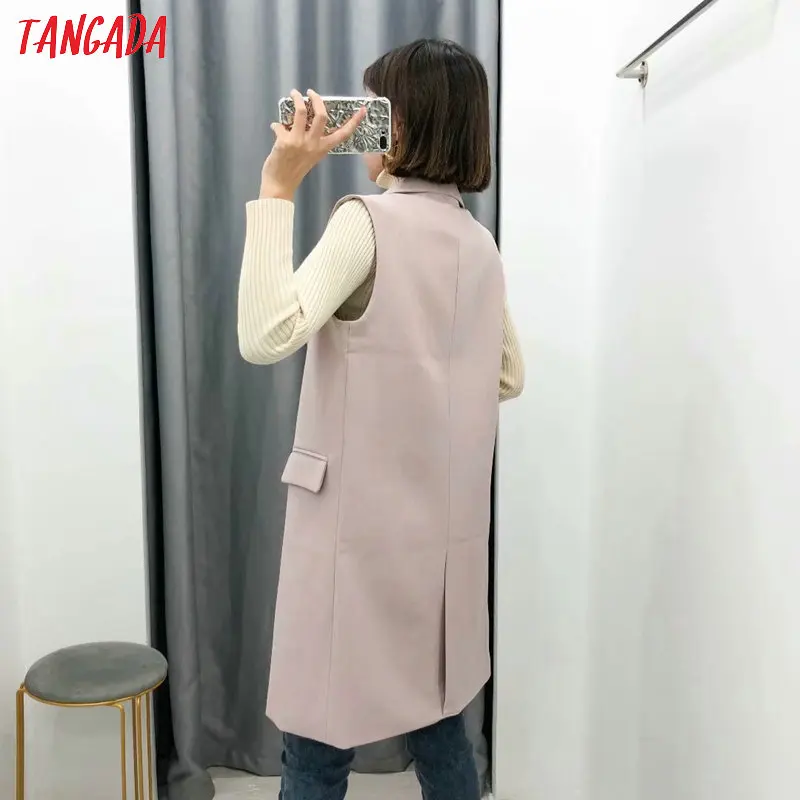 Tangada для женщин Элегантный длинный жилет корейская мода Леди Рабочая одежда двубортное пальто без рукавов женский топ 1Y06