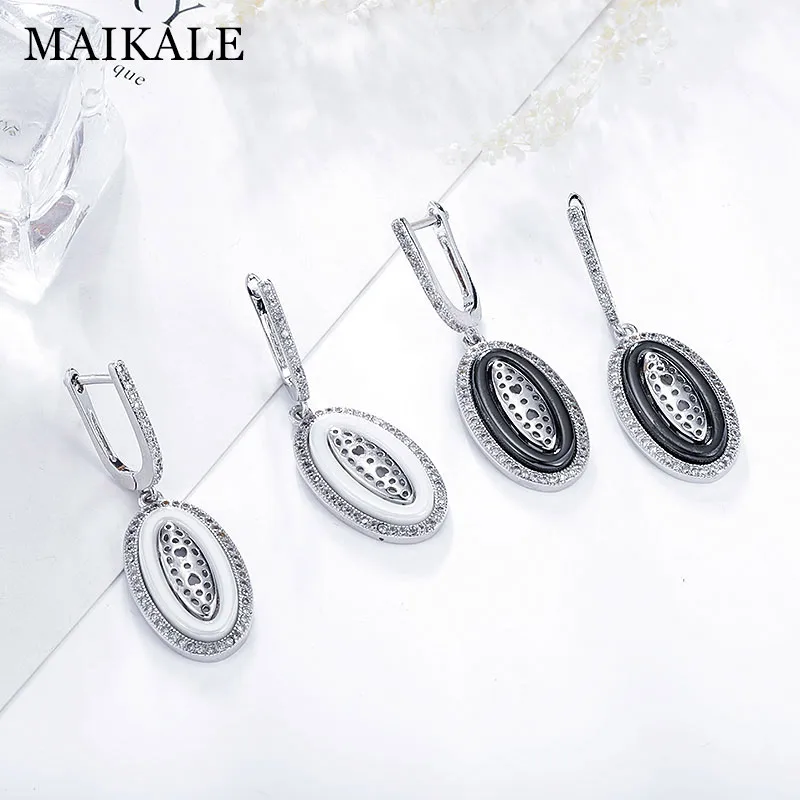 Женские круглые серьги подвески MAIKALE черные и белые керамические серебряного