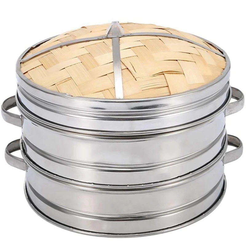 

2 Tier 20Cm Bamboo Steamer Basket With Cover Cookware Kitchen For Dumpling Fish Rice Vegetable Pasta Chinese Heating Steaming Ba