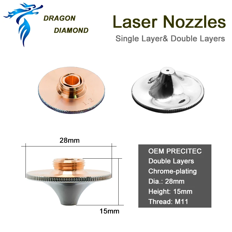 

DRAGON DIAMOND Laser Nozzles Single Double Layer Dia.28mm Caliber 0.8 - 4.0 for fiber Laser Cutting Head