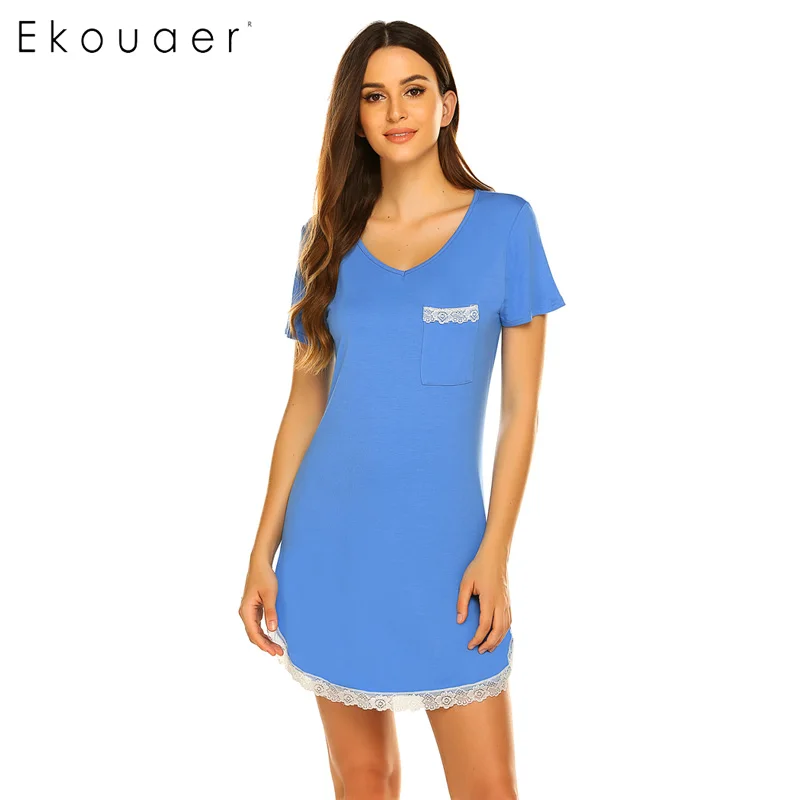Ekouaer, летняя Ночная сорочка, ночная рубашка с круглым вырезом и коротким рукавом, кружевная ночная рубашка, мягкая домашняя одежда для сна, ночная рубашка - Цвет: blue