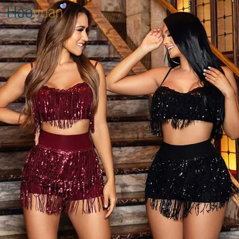 

ZOOEFFBB Sexy Sequin Tassel Two Piece Set Women Clothes Spaghetti Strap Crop Top and Shorts Matching Suits Night Club Outfits