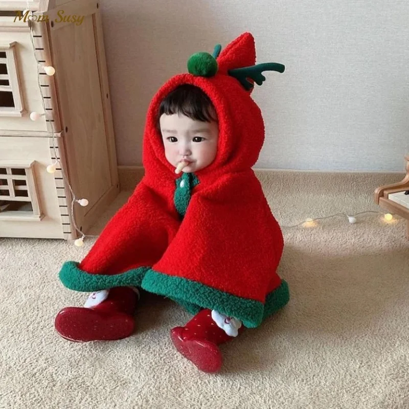 Baby Girl Boy Christmas Cloak Deer Winter Infant Toddler Hooded Cape Cotton Child Jacket Xmas Party Costume Baby Clothes 0-2Y