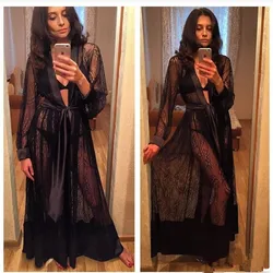 Sexy Satin Lace Robe Sleepwear For Women Nightwear See Through Long Robe Lace Up Kimono Gown Bathrobe Sleep Nightdress Femme