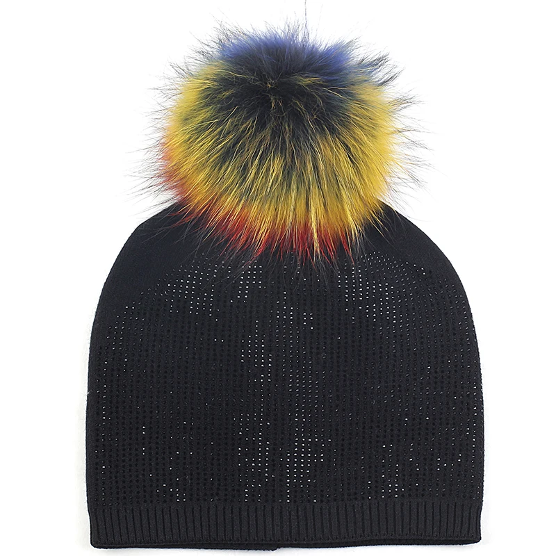 black C Geebro для женщин зимние теплые Стразы громоздкие шапочки Skullies шапки Femme взрослых шапка с черепом аксессуары 15 см натуральный мех помпон - Цвет: black C