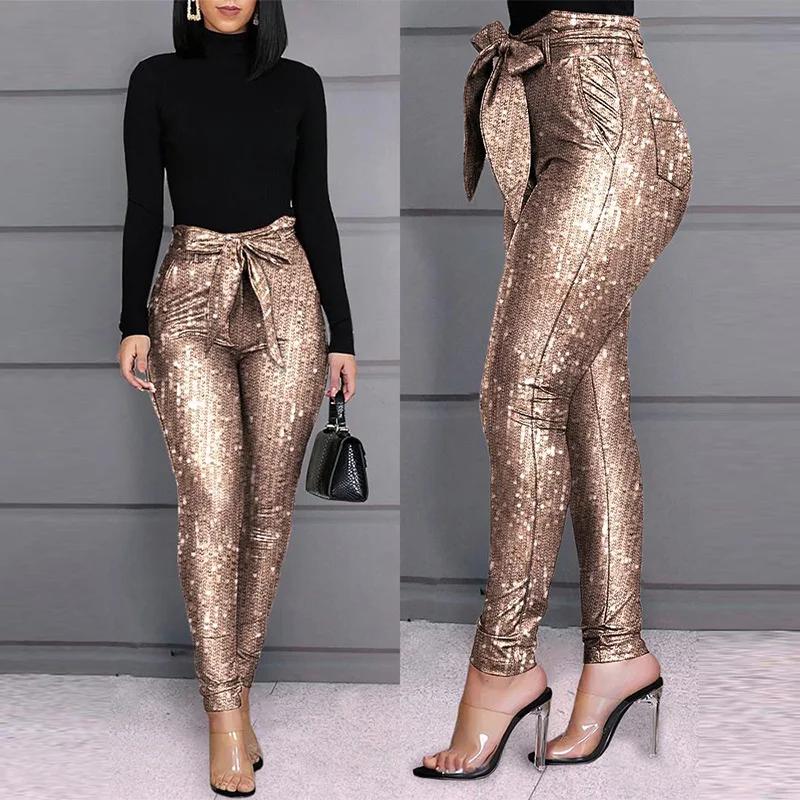 

Glitter Sequins Belted Skinny Pants Women Bow Tied High Waist Pockets Office Lady Pencil Streewear Trousers Pants Party Clubwear