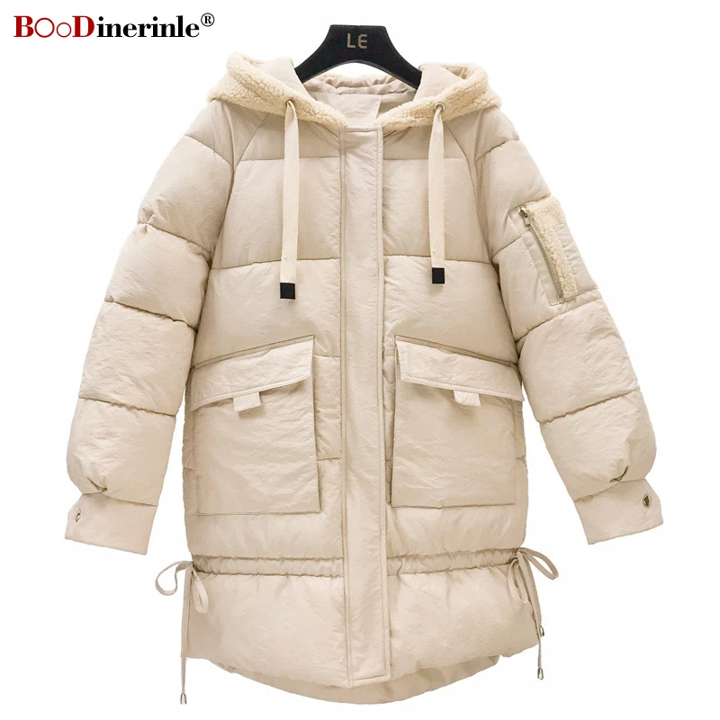 BOoDinerinle Повседневное свободные куртки в стиле "Милитари" Для женщин 2019 зимняя куртка Для женщин белый хлопок комплект верхней одежды с