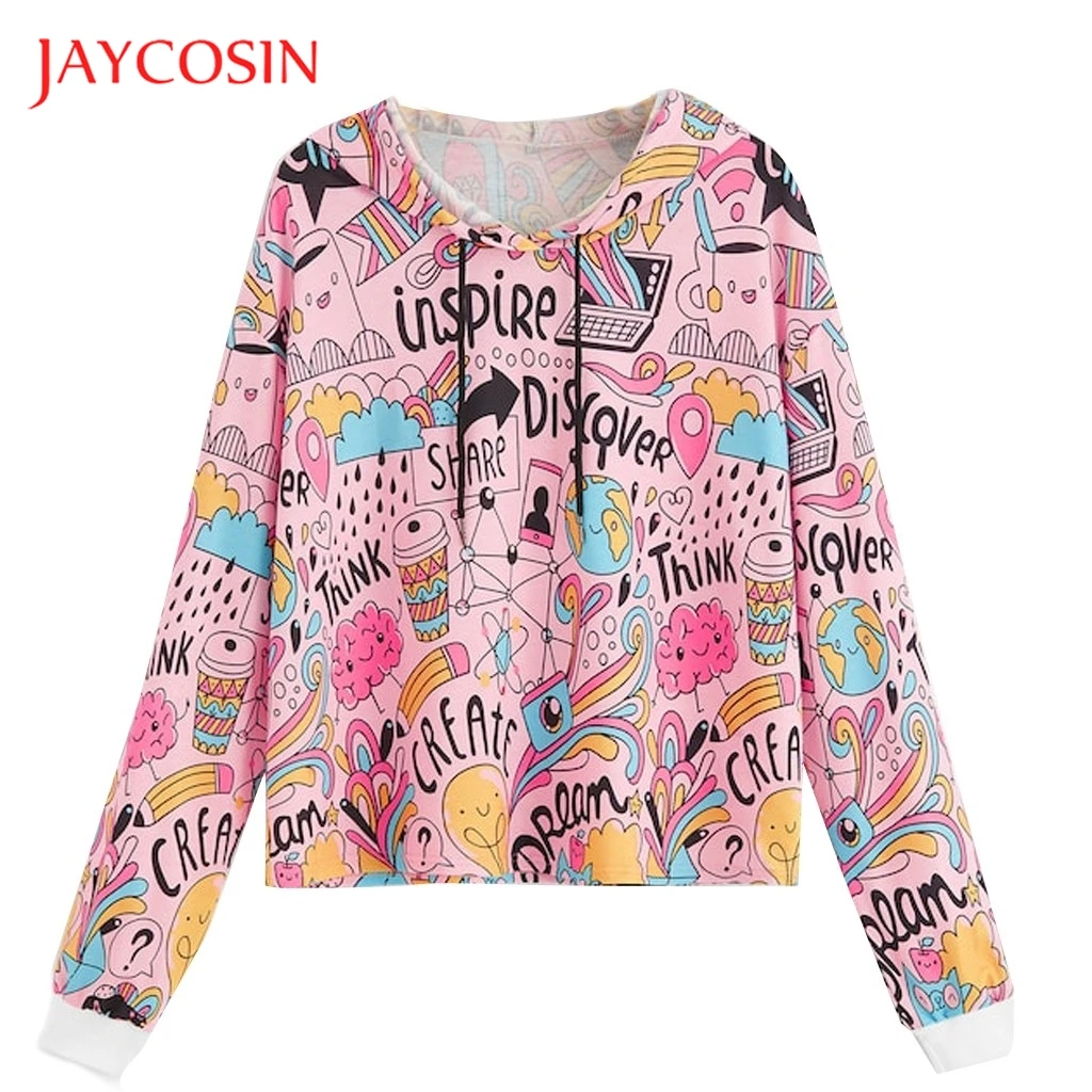 

JAYCOSIN Womens Autumn Crop Top Hoodies Long Sleeve Graffiti Printing Hooded Sweatshirt Tops Casual Hoodies Sweatshirts 821#2