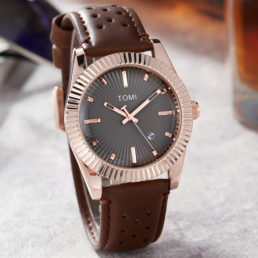 TOMI Brand Men Watch Quartz Hours Clock Auto Date Brown Leather Band Casual Retro Style Cool Man Watches Vintage Male Wristwatch