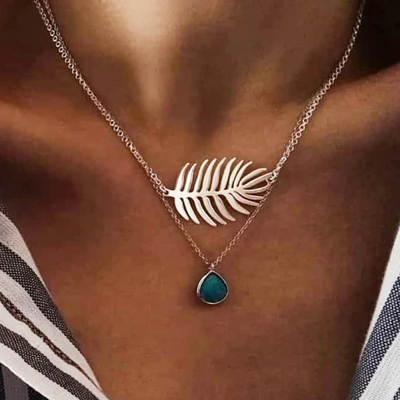 

2019 Silver Color Feather Shape Necklaces Pendants Boho Double Layered Necklace Statement Jewelry