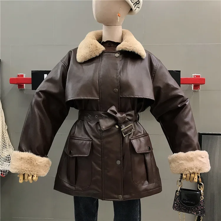 Осенне-зимнее элегантное женское длинное пальто из искусственной кожи, модная винтажная меховая парка с отложным воротником, женская черная коричневая куртка - Цвет: Coffee