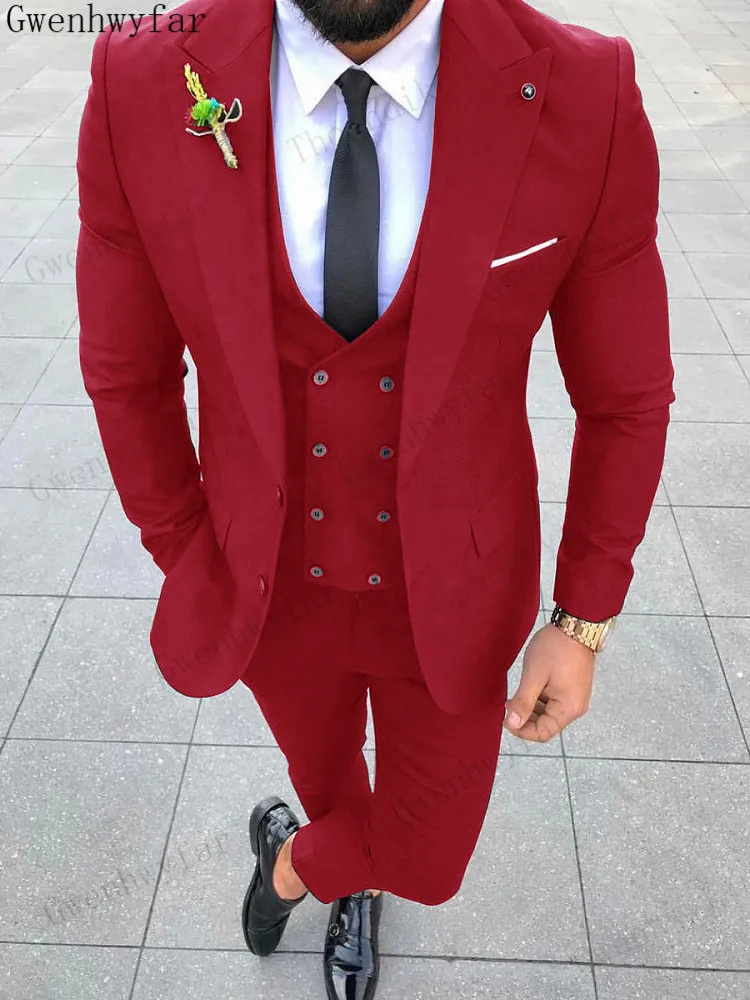 Gwenhwyfar Chinese Red 3pcs (blazer+vest+pant) Shinny Mens Suits Peaked
