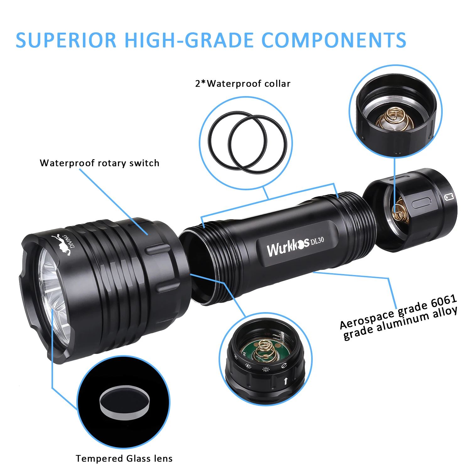 LED Flashlight Wurkkos DL30 Dive Light 21700 Underwater IPX-8 Waterproof 3600lm Triple LH351D Magnetic Control Ring Switch