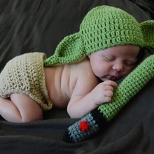 Одежда детская вязаная шапка уши Йоды шапочка новорожденный мальчик мультфильм фото костюм реквизит Хэллоуин наряды младенческой фотографии аксессуары