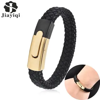 

Jiayiqi Fashion Black Braided Genuine Leather Bracelets Gold Color Stainless Steel Magnetic Buckle Bangle Punk Men Jewelry Gift