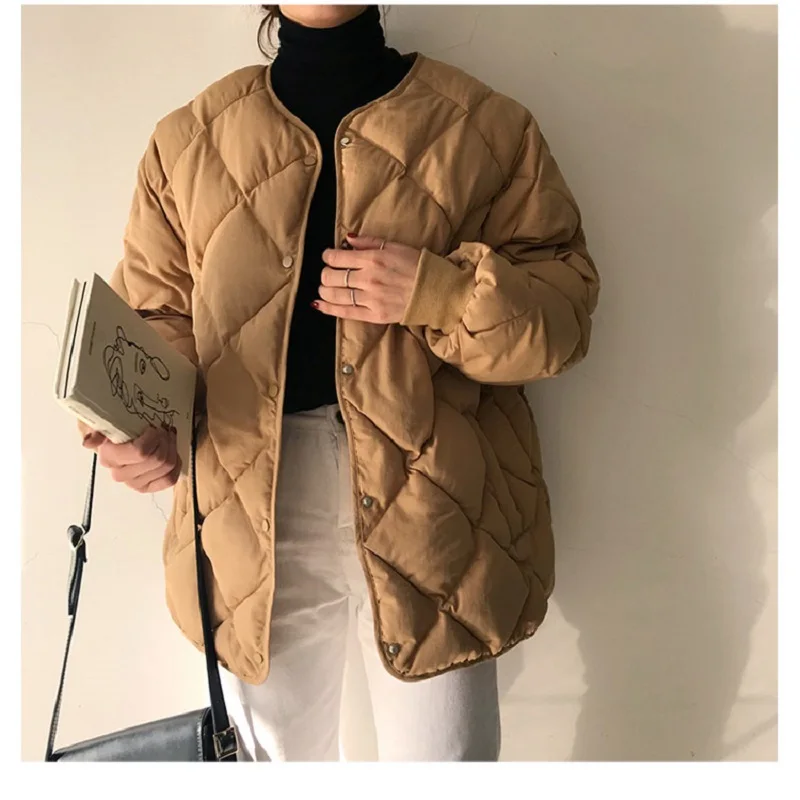 khaki Зимняя женская Корейская винтажная Толстая однотонная куртка с ромбовидной решеткой в стиле Харадзюку, женская модная свободная повседневная куртка больших размеров - Цвет: khaki