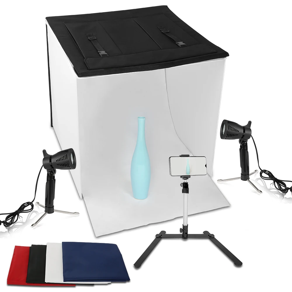 

60x60CM Photo Studio Soft Boxes Foldable Photography Table Light Tents Kit With 4Pcs Backdrop,LED Spot Lamp And Phone Clip