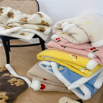 

Autumn and winter cute cartoon two-faced velvet skin lamb hair warm skin blanket nap blanket baby blanket embroidery blanket