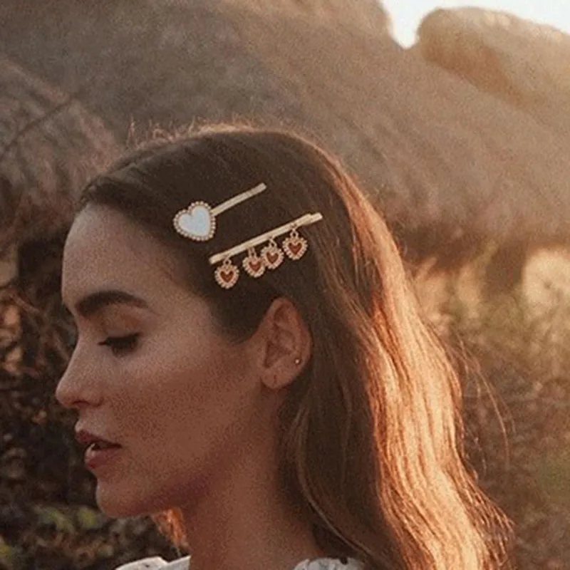 2019 New Fashion Women's Red White Black Heart Tassel Hairpins for Women Vintage Gold Heart Hair Clip Hair Accessories