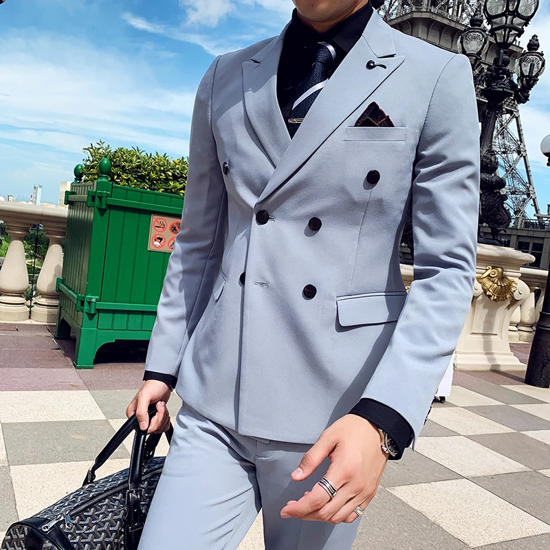 Plyesxale Slim Fit мужской двубортный пиджак свадебные блейзеры Серый Армейский зеленый синий черный белый мужской блейзер Повседневная Q563