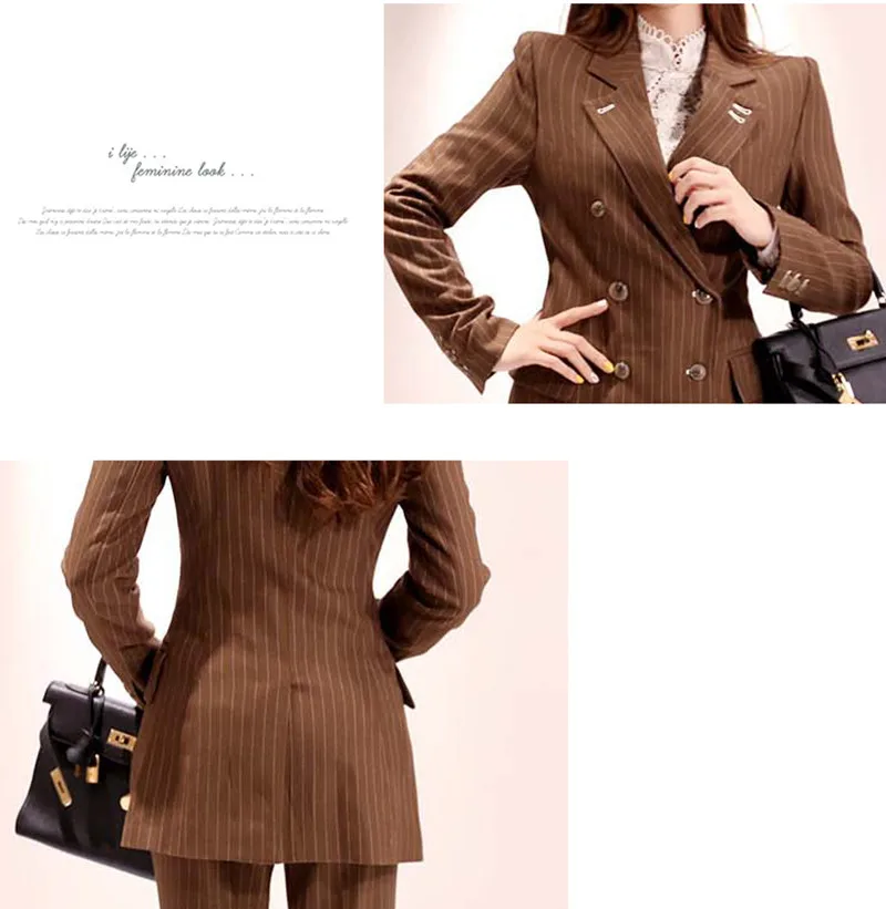 Женский костюм для подиума, комплект из 2 предметов, Осенний Элегантный Модный двубортный офисный пиджак в полоску, офисный пиджак, брючный костюм
