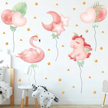 

Romantic Pink Flamingo Wall Stickers for Bedroom Kids room Cartoon Unicorn Love Heart Wall Decals Self-adhesive Wall Mural Decor