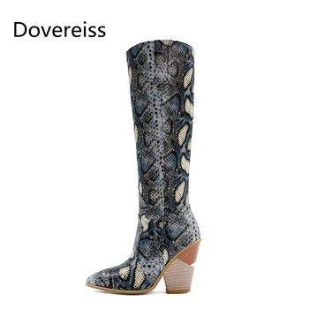 

Dovereiss Fashion Women's Shoes Winter sexy Elegant red Pointed toe Snakeskin Wedges zipper Knee high boots Concise 34-48
