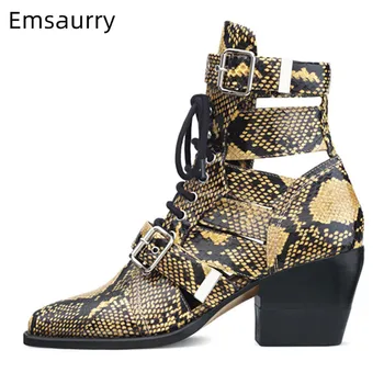 

Punk Boots Women Sexy Cut-outs Cross Lace Up Motorcycle Bottes Point Toe Square High Heel Botas New Chic Belt Buckle Boots Woman