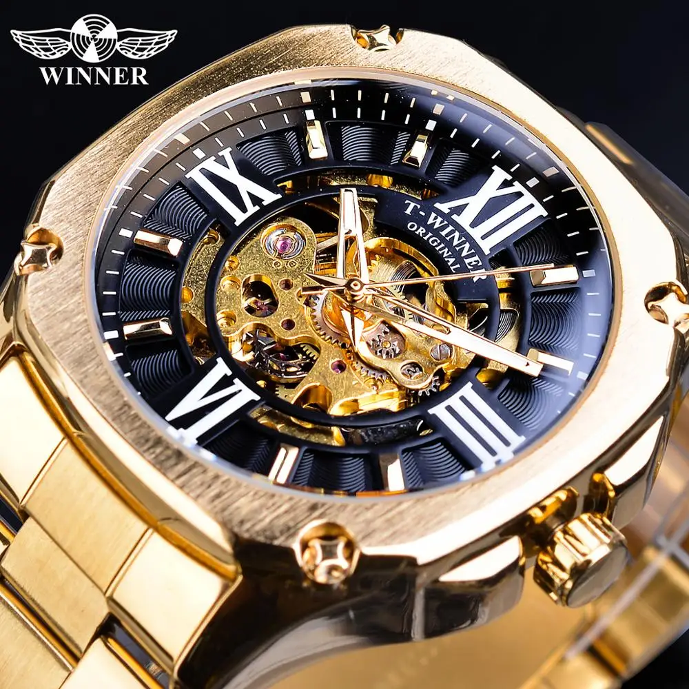

Winner Golden Men's Automatic Wrist Watch Steampunk 3D Dial Design Full Stainless Steel Band Waterproof Mechanical Watches Clock