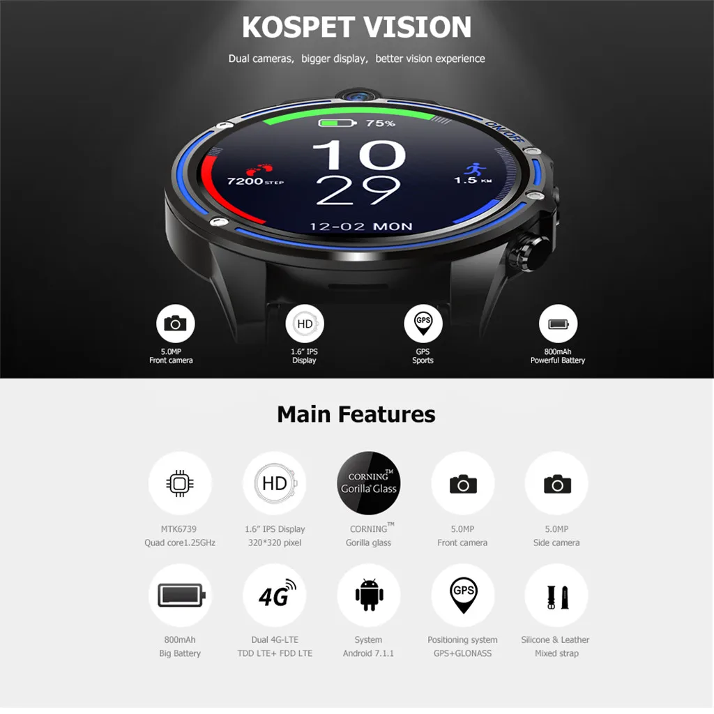 Смарт-часы Kospet VISION, 3 ГБ ОЗУ, 32 Гб ПЗУ, 800 мАч, аккумулятор, 4G, срок службы, водонепроницаемый, двойной 1,6 МП, 1,25 дюйма, для Android 7.1.1, MTK6739, ГГц