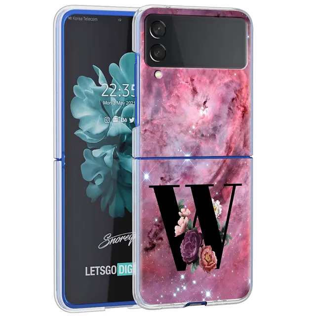 Letter A B Flowers Pink Case For Samsung Galaxy Z Flip 3 5G Transparent Hard Cell Phone Cover ZFlip3 Clear PC Luxury Fundas H23
