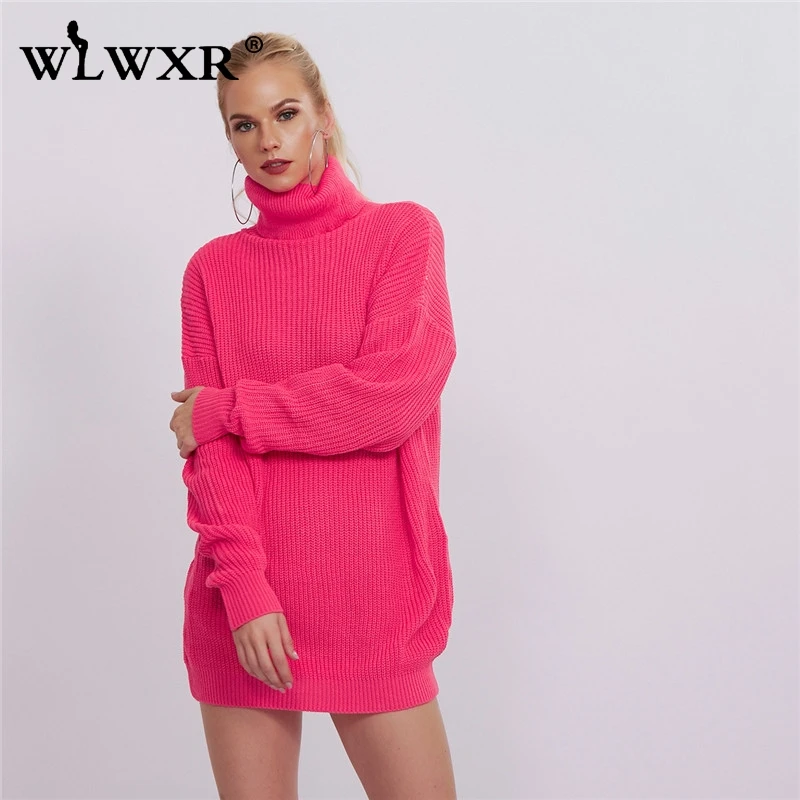 WLWXR, вязаный свитер, сексуальное Клубное платье, Женская водолазка, неоновое, розовое, черное, свободное мини-платье, Осень-зима, женские короткие платья для вечеринок - Цвет: Розовый