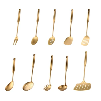 

1PCS Stainless Steel Gold Cooking Tools Anti-slip Handle Kitchen Utensils Set Turner Ladle Spoon Home Restaurant Accessories